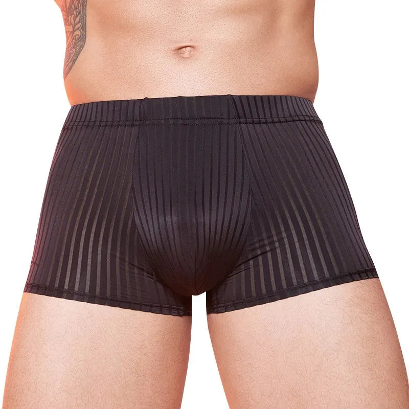 Men's striped thin nylon underwear in black, shown flat.