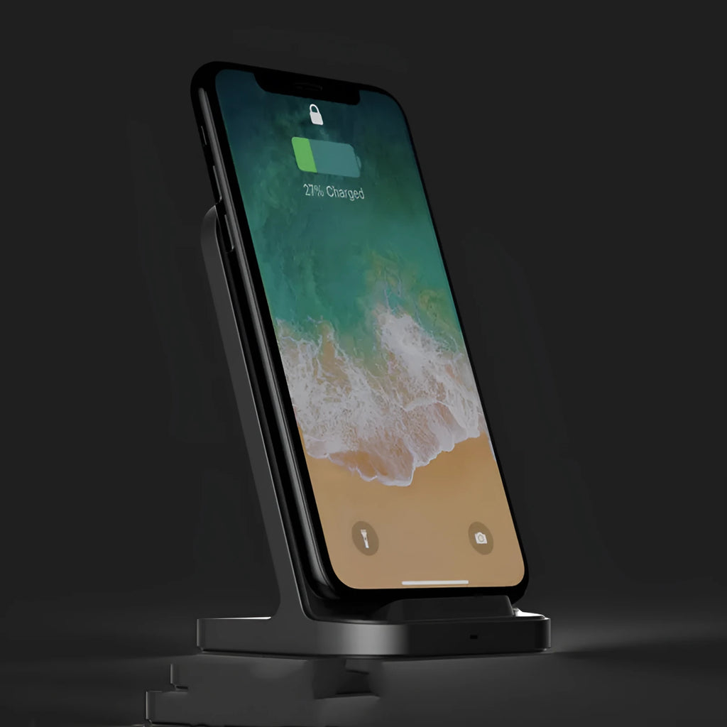 Dark grey vertical wireless charging station for smartphones with aluminium construction