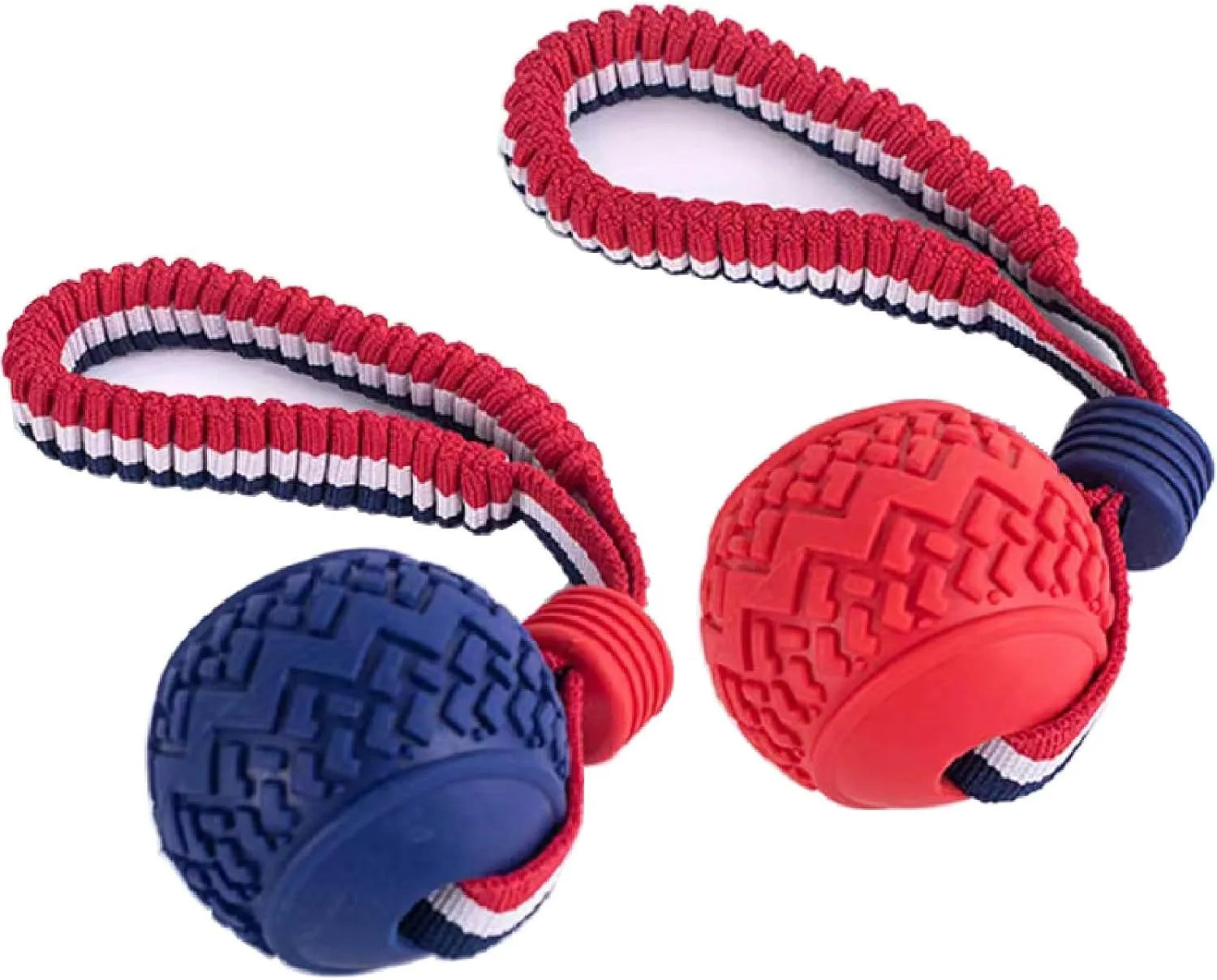 Blue dog ball with rope toy showing textured rubber surface and rope attachment for small breed dogs