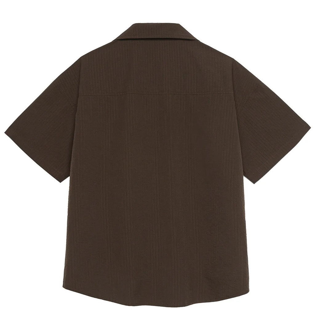 Brown striped outdoor waterproof shirt with Cuban collar and short sleeves for mountain camping
