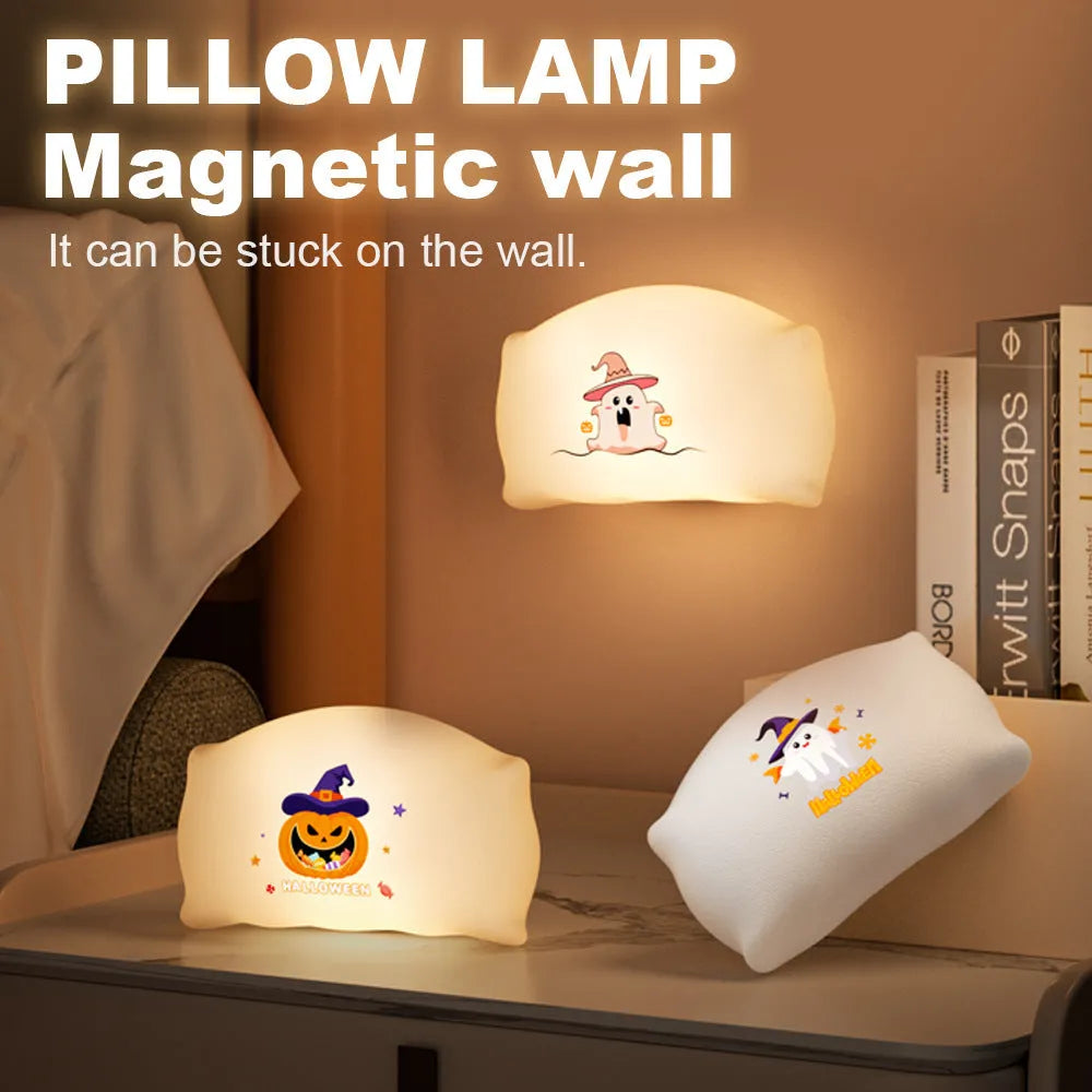 Cartoon Halloween doll table lamp in Magic Ghost or Pumpkin Ghost design on a bedside table.