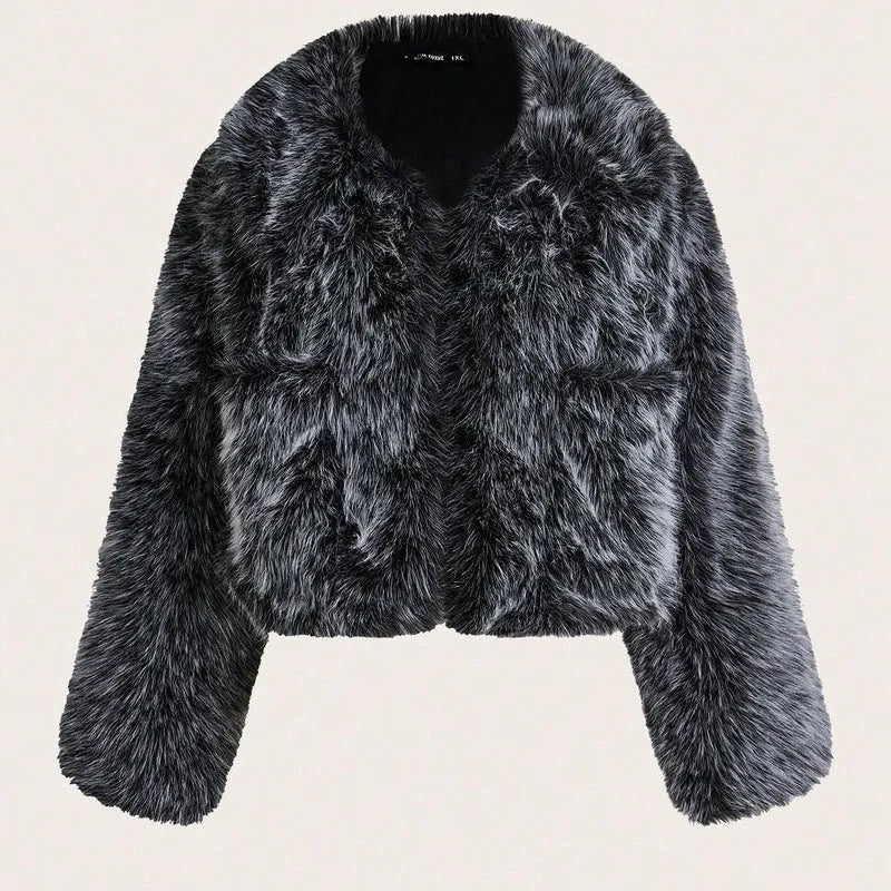 Women's artificial fur coat with fur collar in six colour options including dog fur pattern