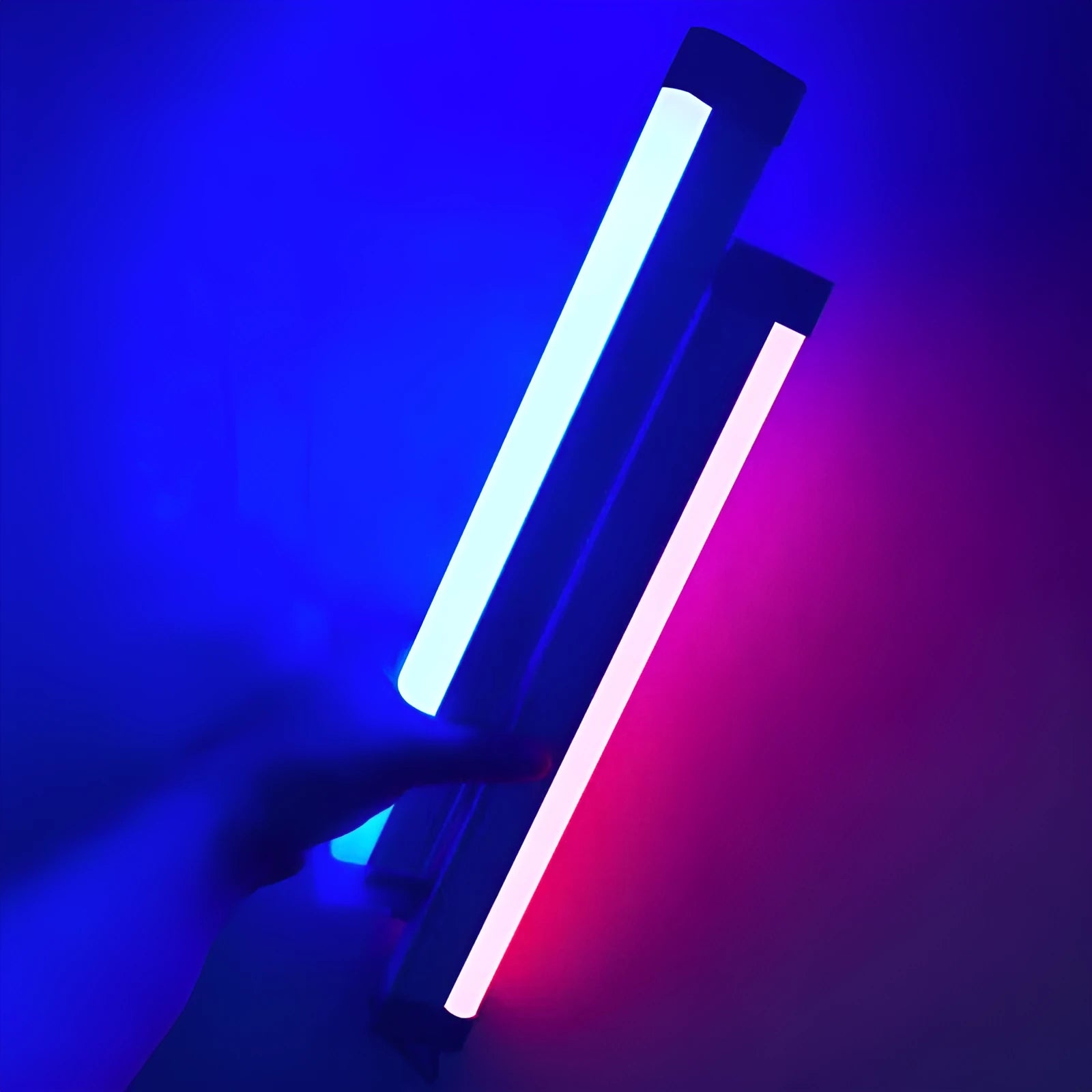 Blue and purple rechargeable LED tube light stick with dimmable RGB settings for photography and room ambience.