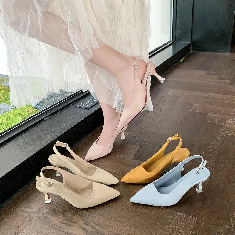Women's apricot suede pointed-toe stiletto high heel shoe with a rubber sole