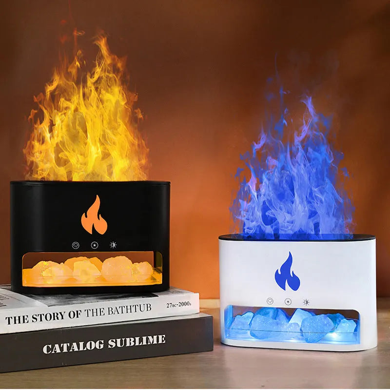 New Flame Humidifier with 3D simulation flame light and crystal salt stone on a desktop