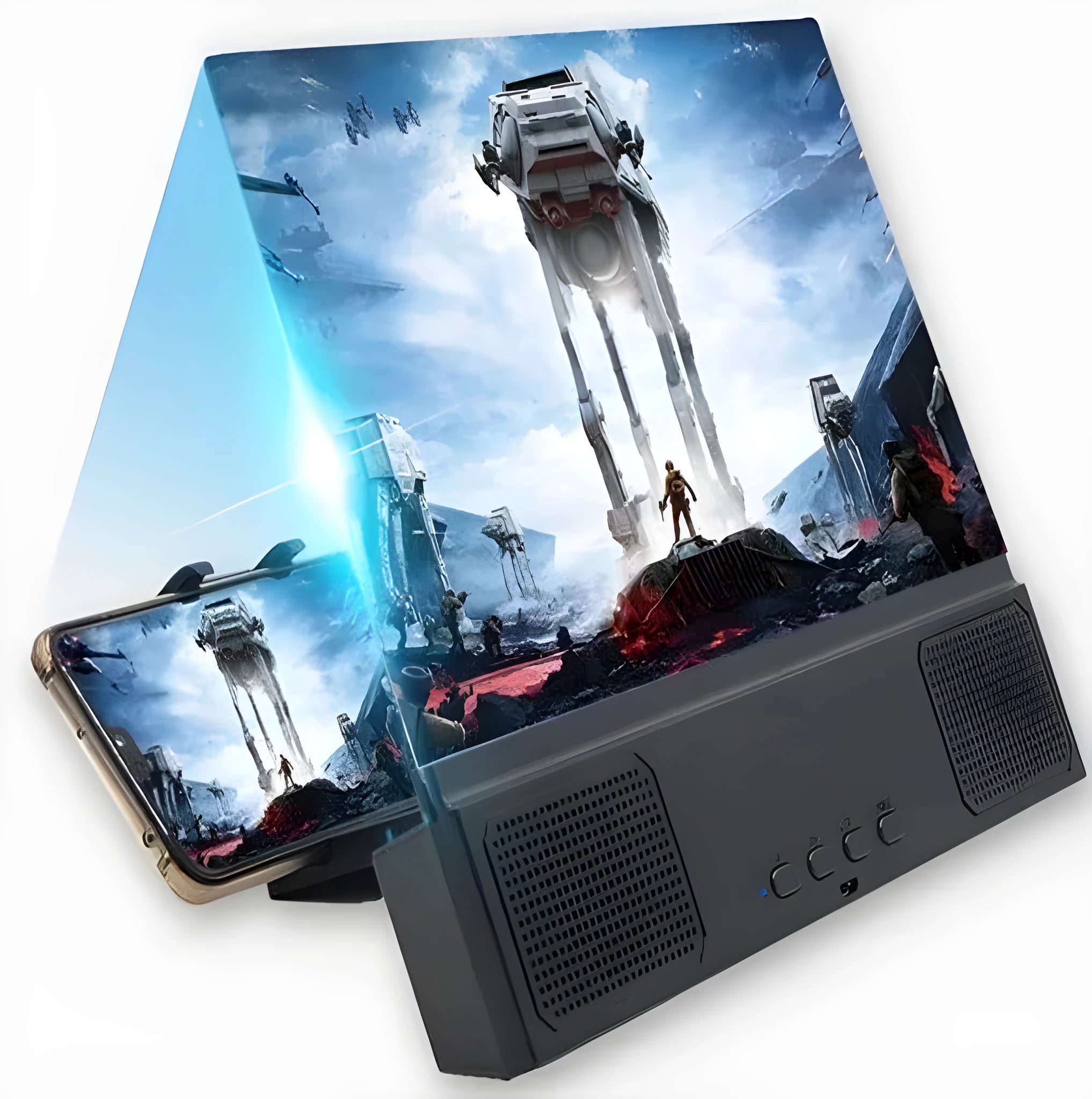 12-inch mobile phone screen amplifier with black ABS plastic housing and built-in speaker grille.