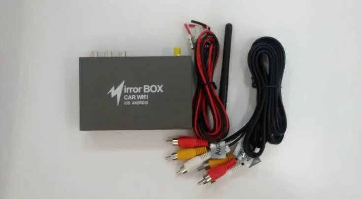 Black car Wi-Fi mirror link box with power cable, antenna, AV cable, and user manual for smartphone screen mirroring.