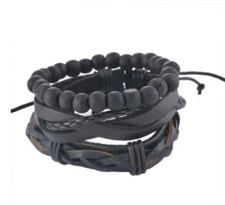 Handmade leather wrap bracelet with wooden beads and adjustable closure for men and women