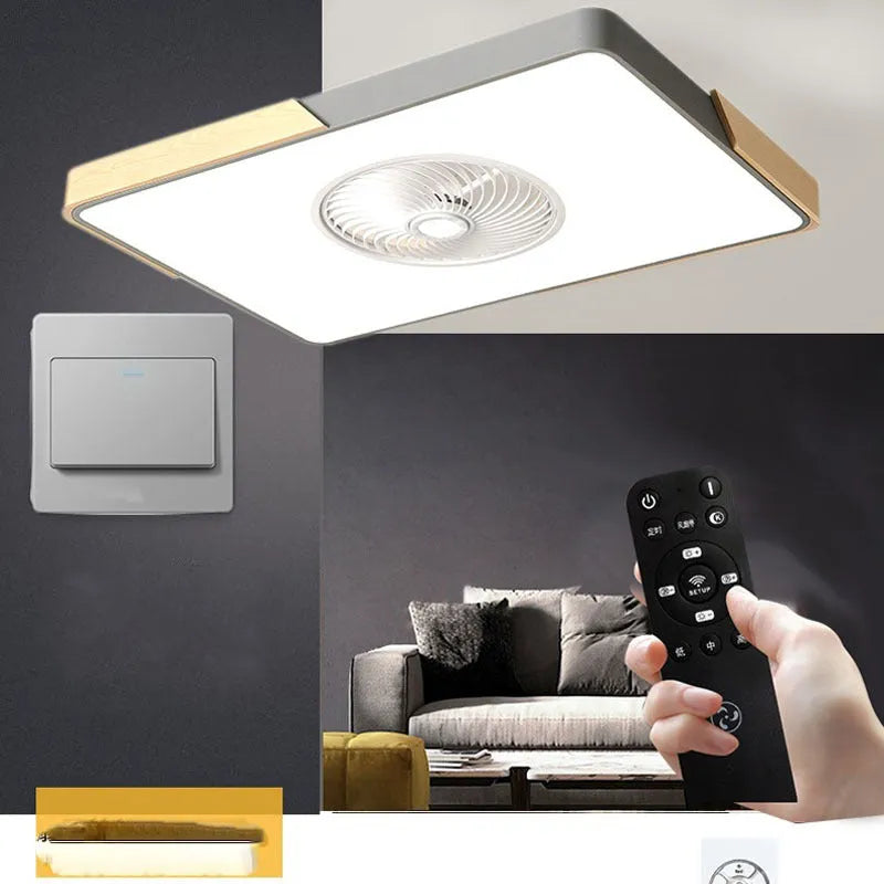 Nordic-style ceiling fan light with solid wood blades, shown in rectangular, round, and square shape options.