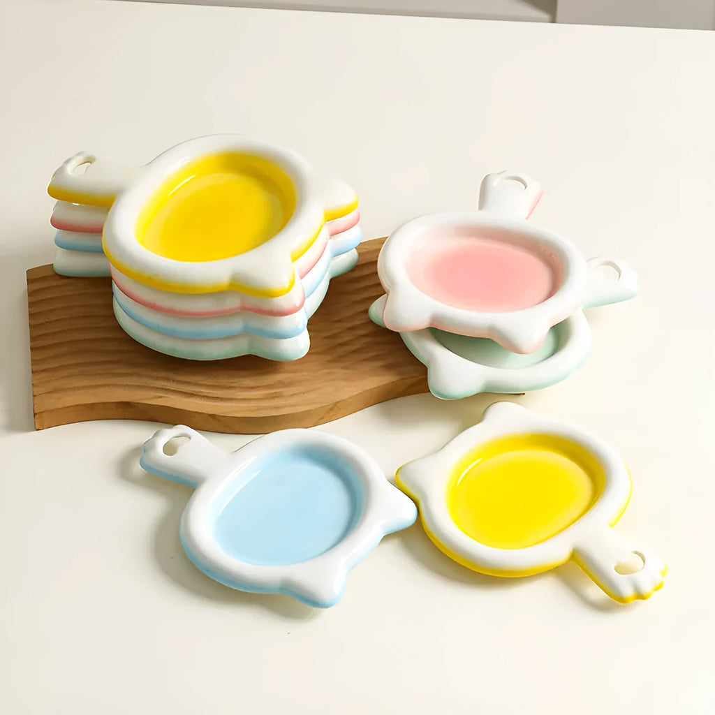 Blue ceramic shallow mouth cat bowl food plate with a wide rim