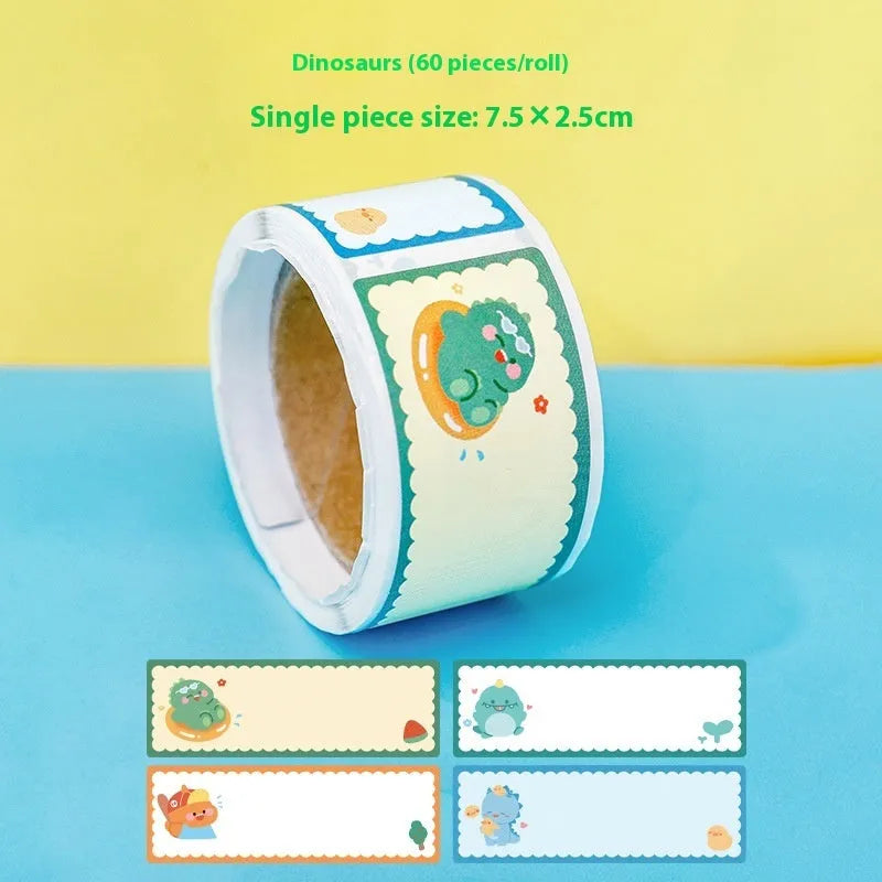 Roll of cartoon name tape stickers showing Dinosaur, Astronaut, Rabbit, and Girl design options.