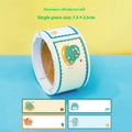 Roll of cartoon name tape stickers showing Dinosaur, Astronaut, Rabbit, and Girl design options.