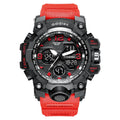 Men's electronic sports watch with dual analogue and digital display on plastic strap