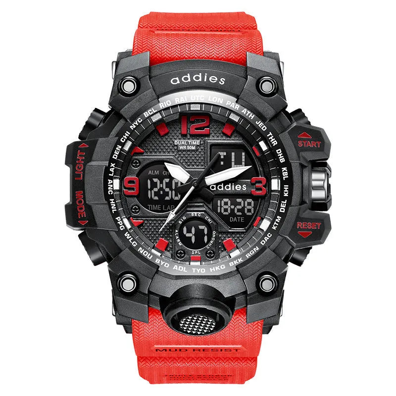 Men's electronic sports watch with dual analogue and digital display on plastic strap