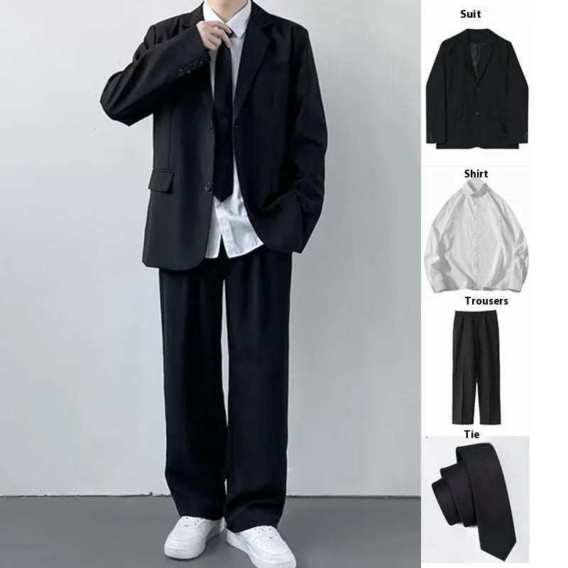 Plus size men's college style suit set with jacket, trousers, white shirt, and tie in loose fit