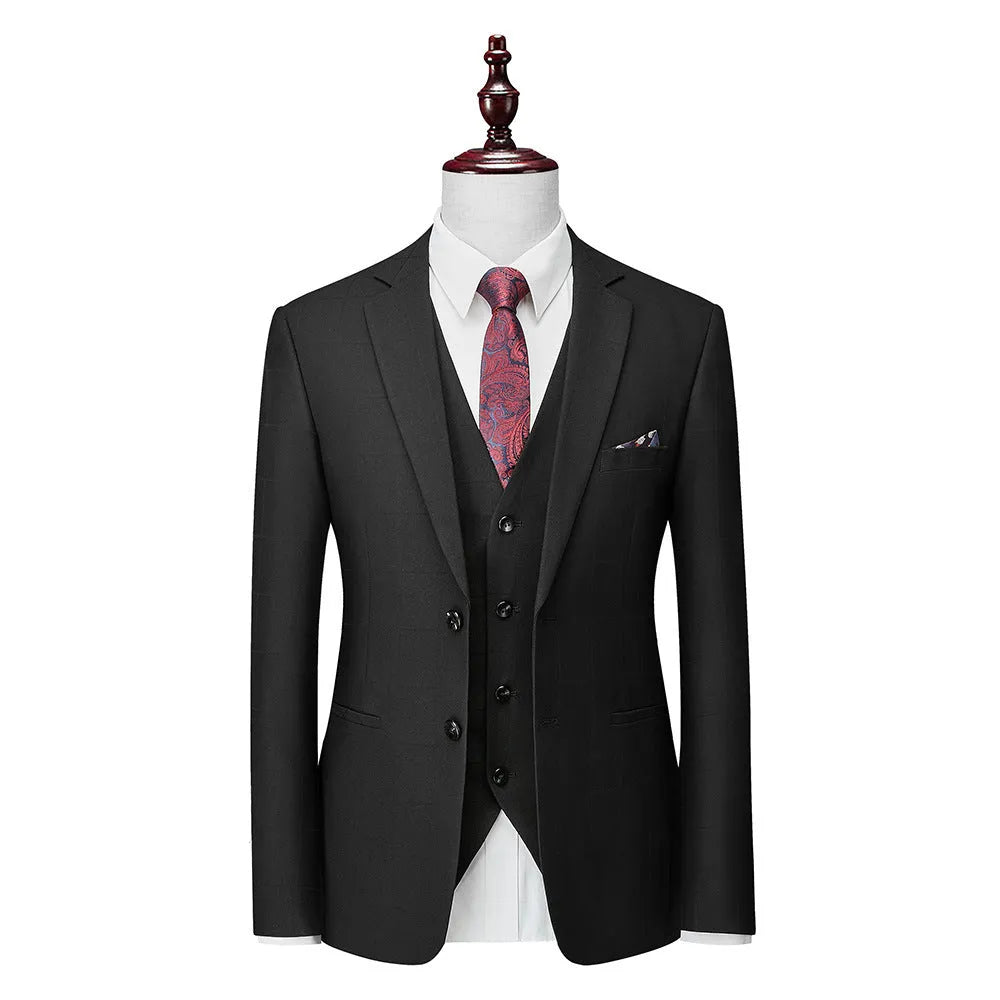 Men's navy blue three-piece slim fit plaid suit with jacket, vest, and trousers on hanger
