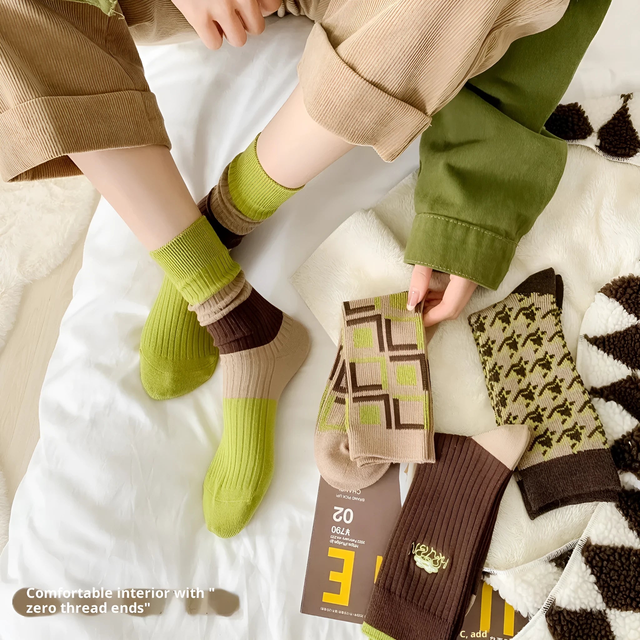 Retro women's double needle embroidery mid-calf socks in combed cotton, check pattern, one size