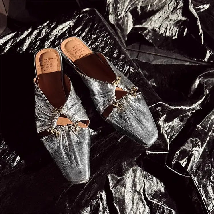 Women's leather half-toe slippers with square toe design in metallic colours