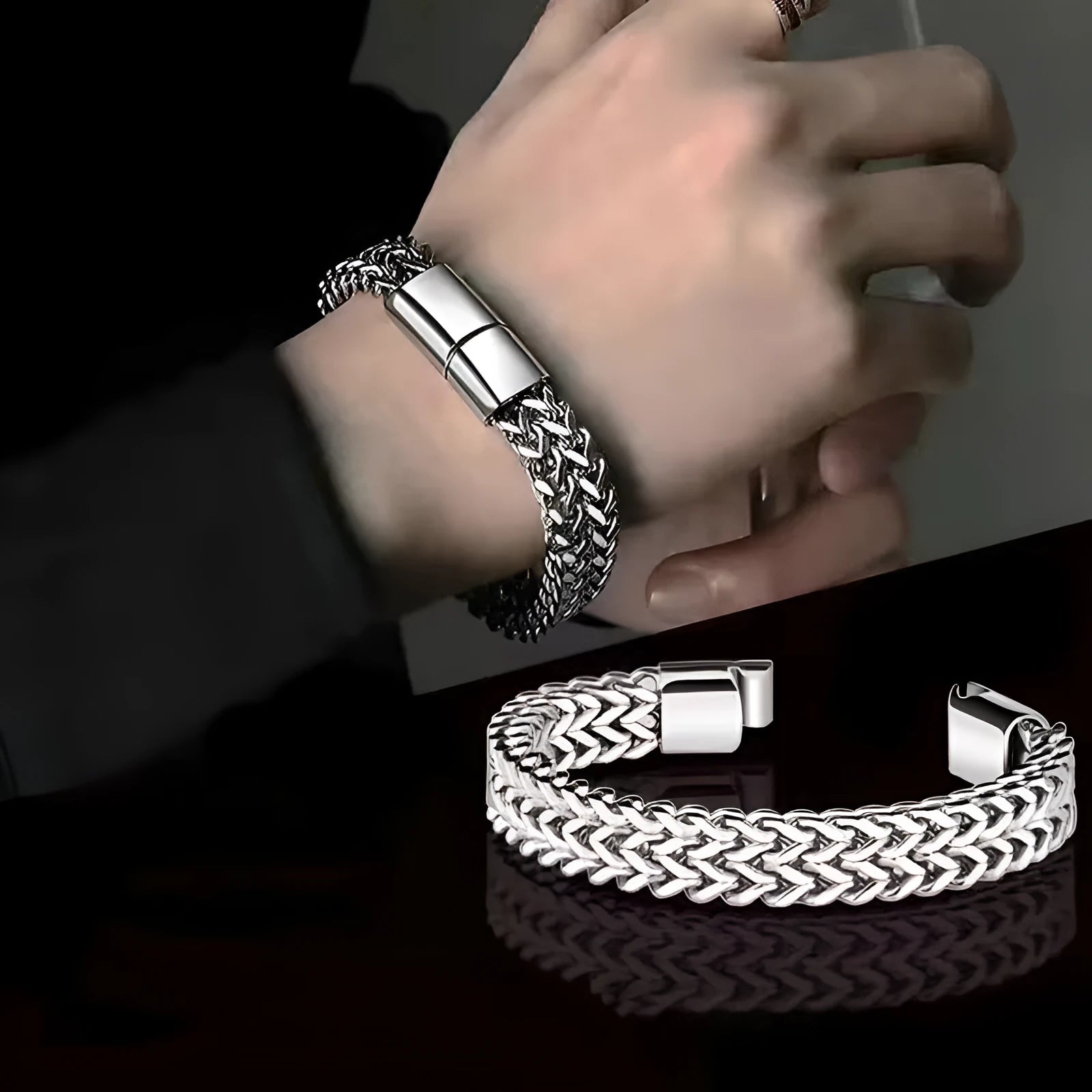 Silver geometric stainless steel hip hop bracelet showing front and back design details