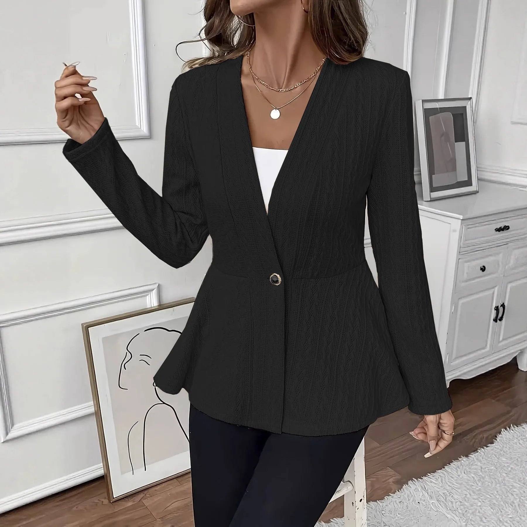 Women's jacquard pattern knitted cardigan with single button in apricot or black colour