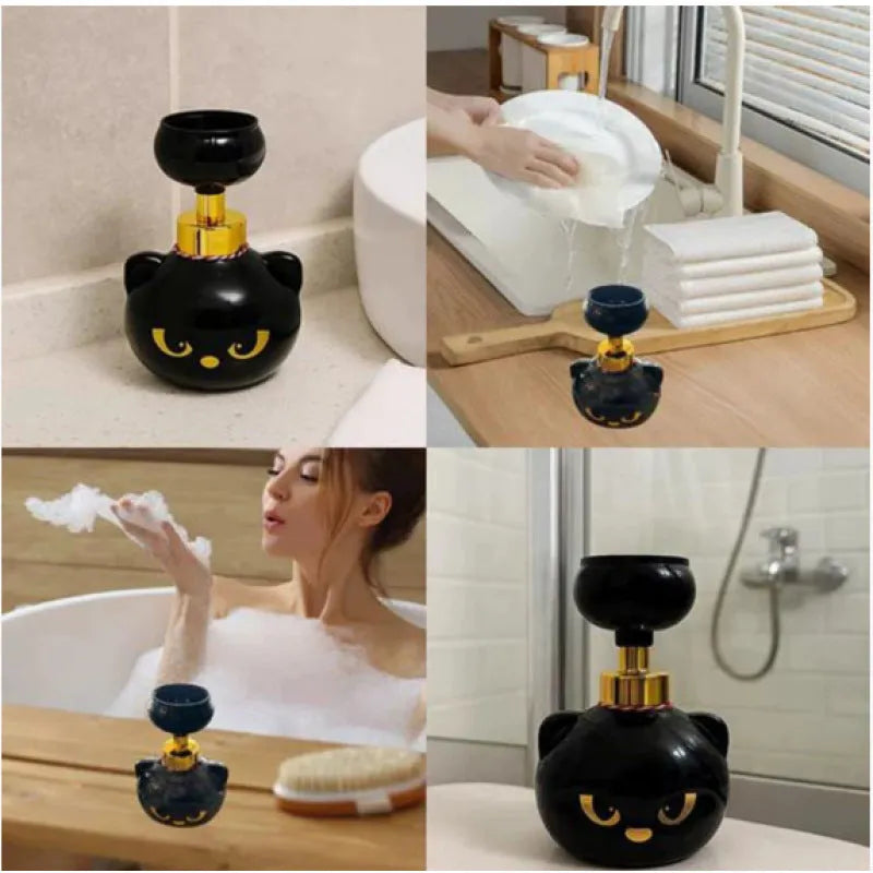 Black cartoon cat-shaped foam soap dispenser with pump mechanism
