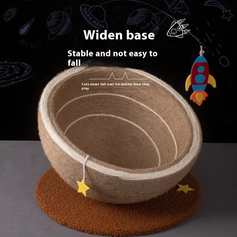 Large grey cat scratching basin and nest with sisal rope scratching surface and starry pattern design