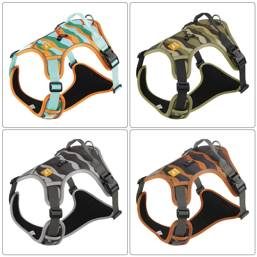 Oxford cloth dog commuter rope with reflective strips in army green colour showing chest and back hand holding points