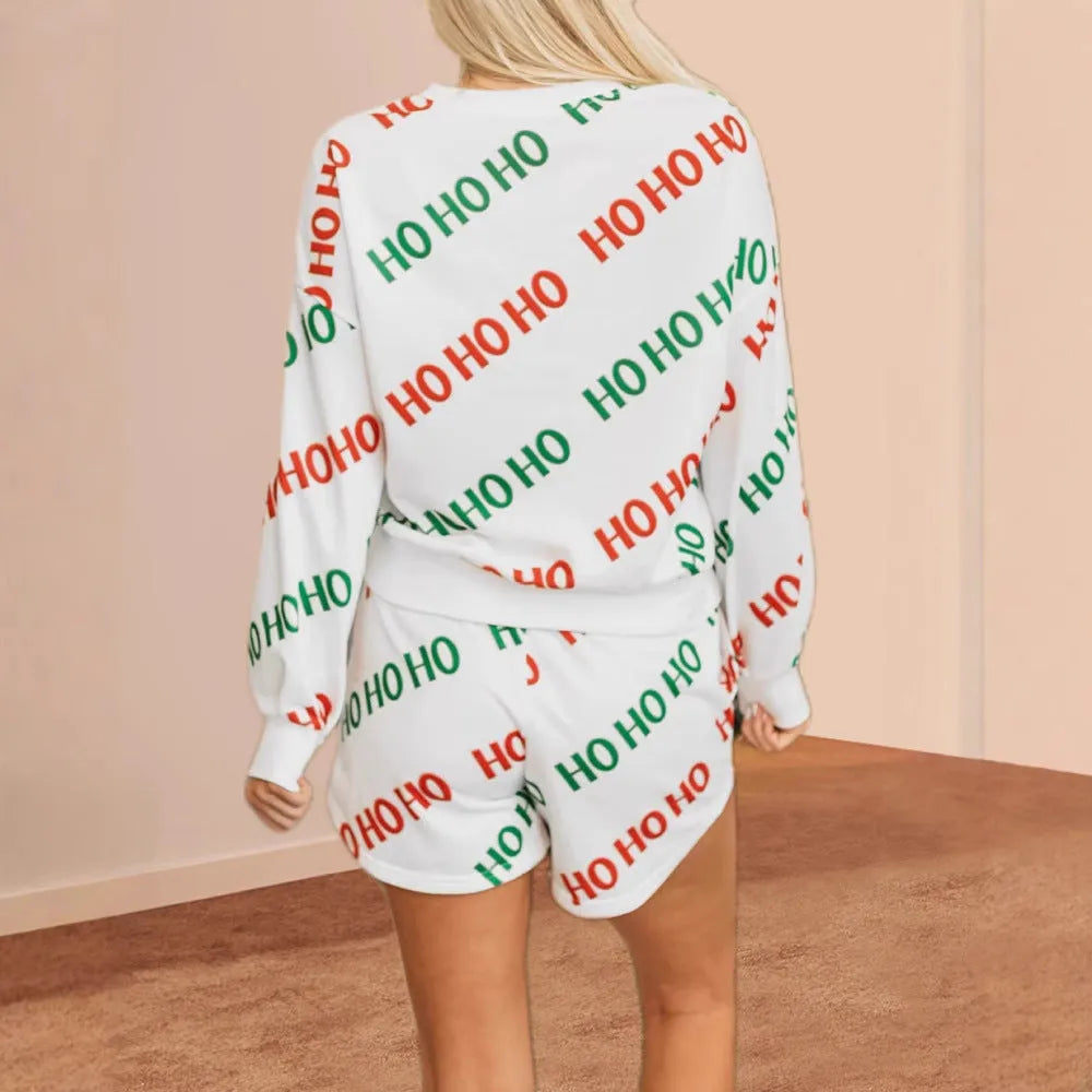 White women's two-piece suit with letters printed pattern and long sleeves
