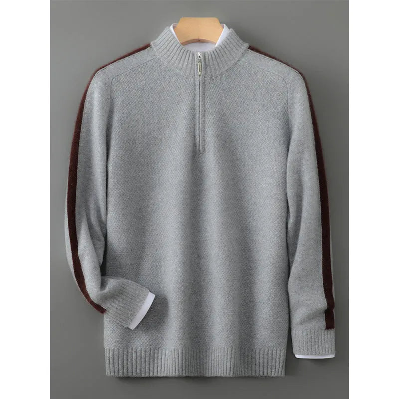 Sheep wool half-zip knitted sweater in slim fit design showing round neck and regular sleeves