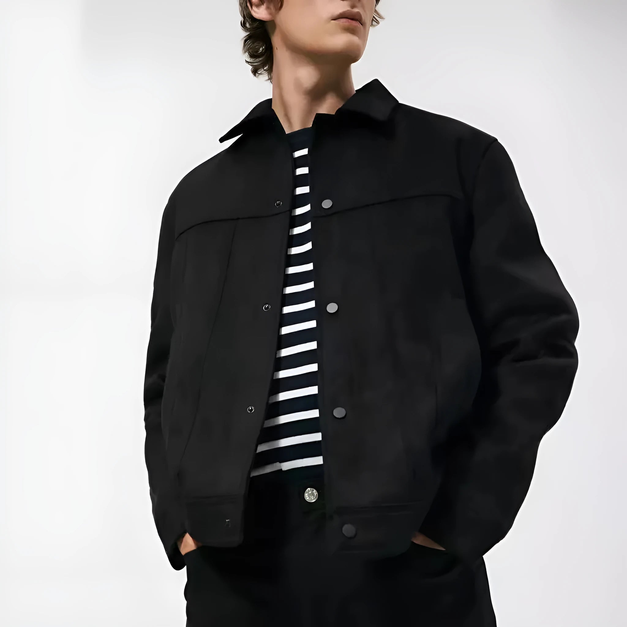 Black men's hooded jacket with suede collar and straight hem design