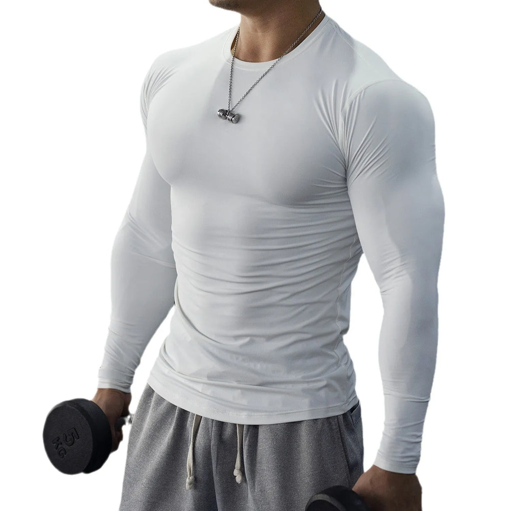 Men's black long-sleeved slim fit fitness tights for running and gym workouts