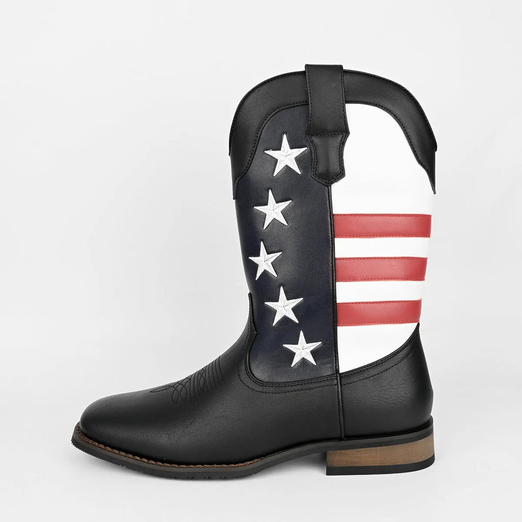 Men's black cowboy boots with a five-pointed star design on the upper and a low square heel.