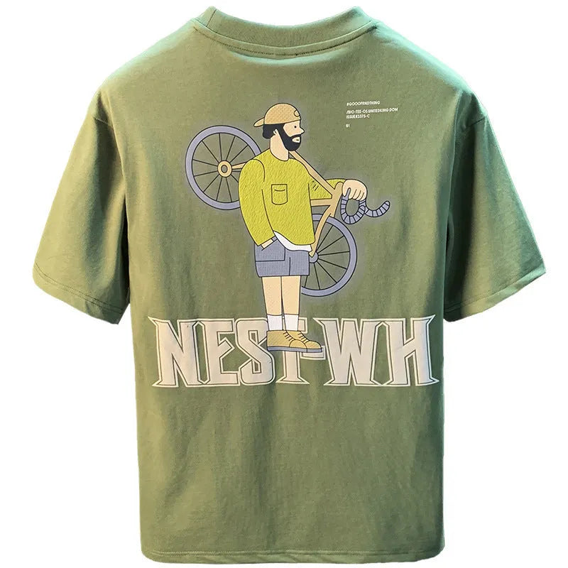 Green men's loose fit T-shirt with trendy literary print, short sleeves