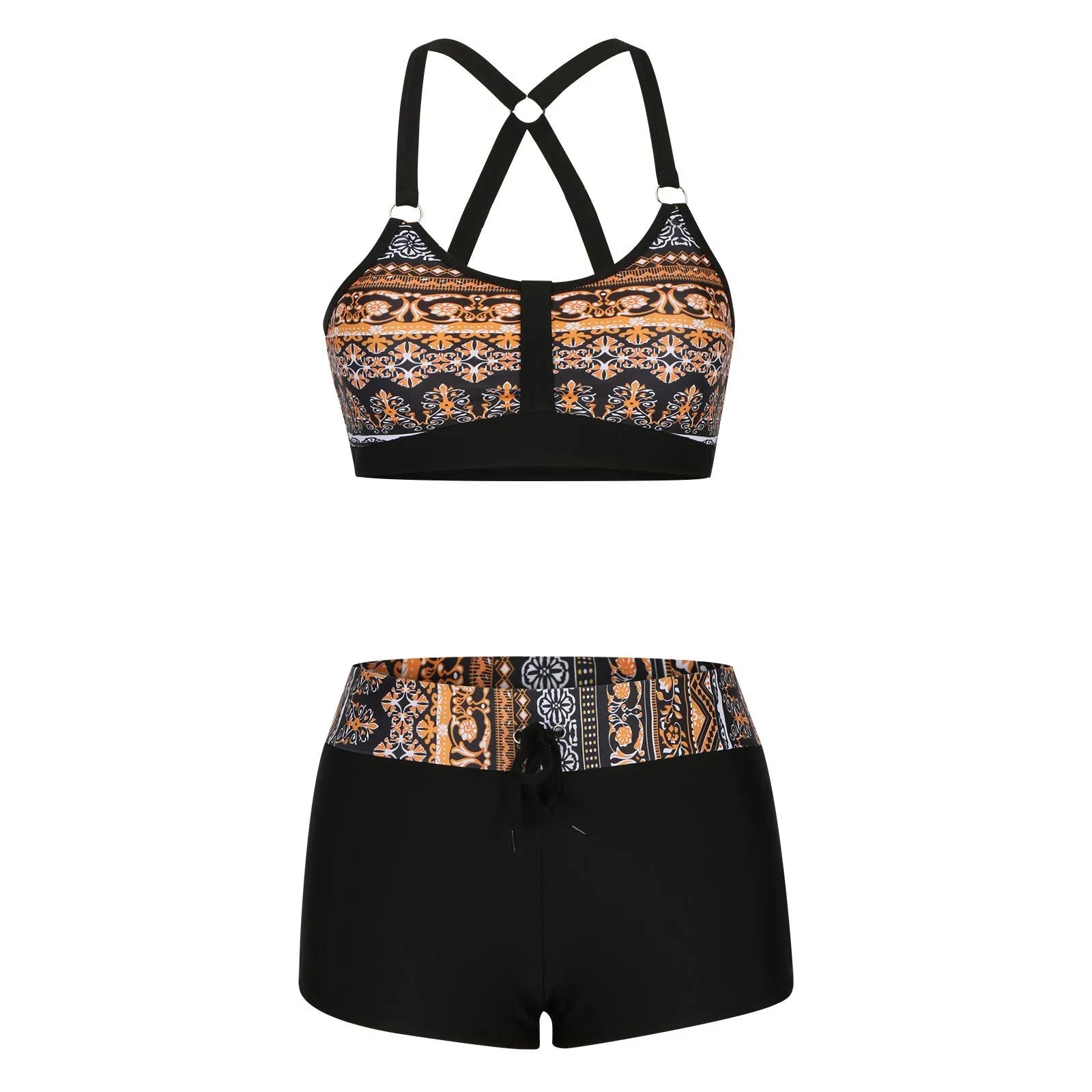 Women's floral print polyester bikini swimsuit set with bra and shorts on a neutral background.