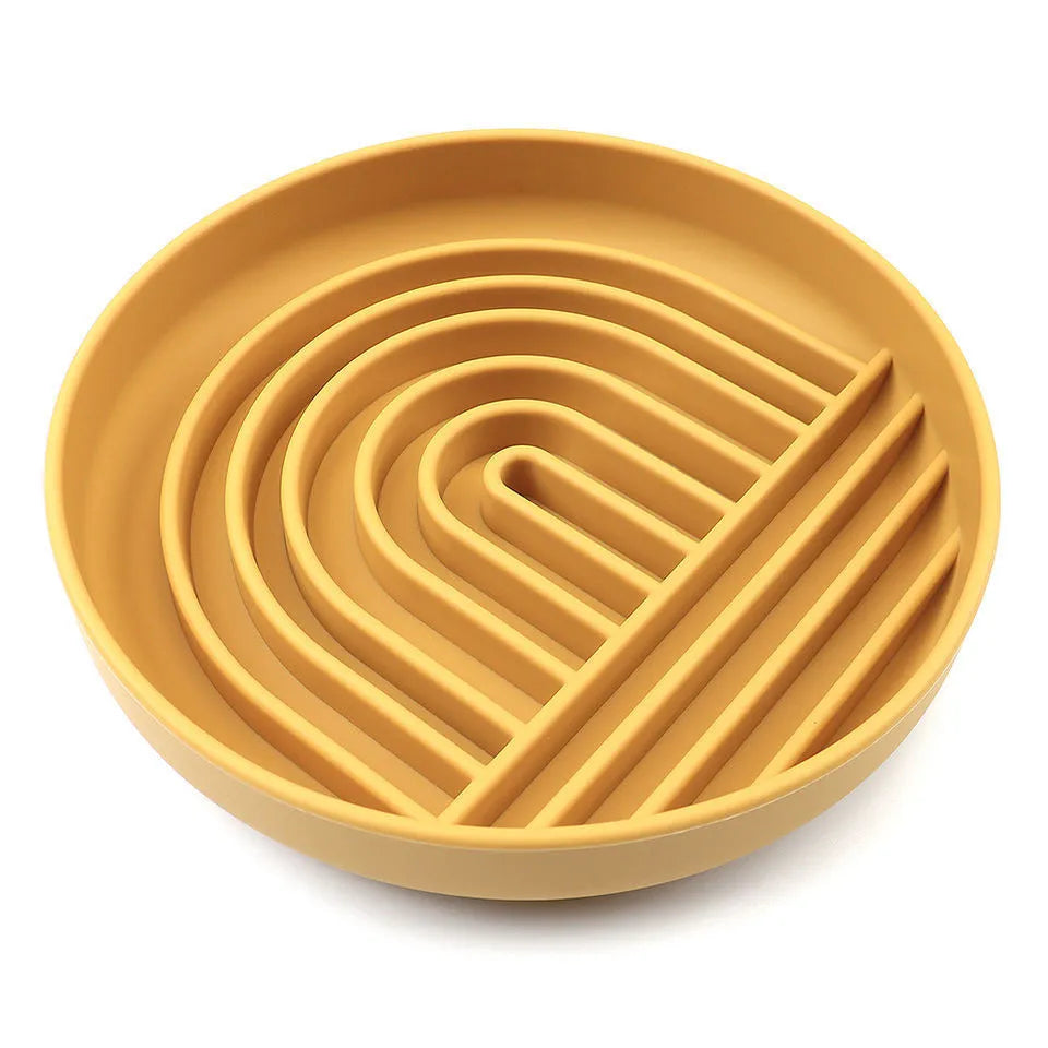 Silicone slow feeder dog bowl with ridges, shown in beige colour, 19cm diameter