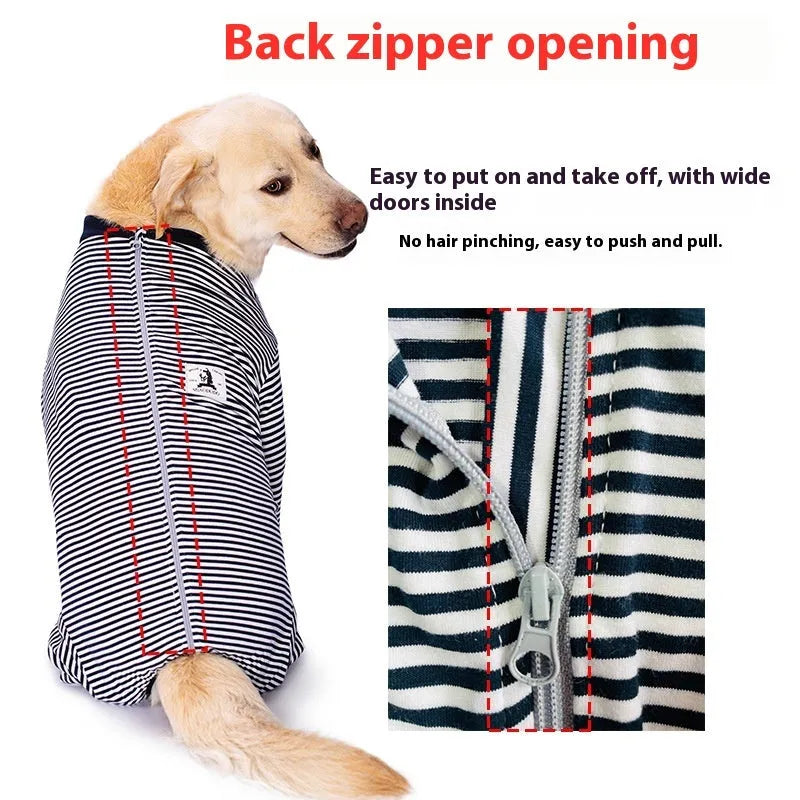 Striped four-legged dog shirt on a Golden Retriever, available in sky blue, brown, and black dark blue stripe.