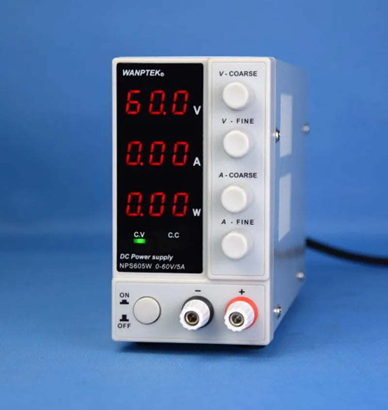 White adjustable DC power supply unit with digital display, model S605W, for electronics repair.