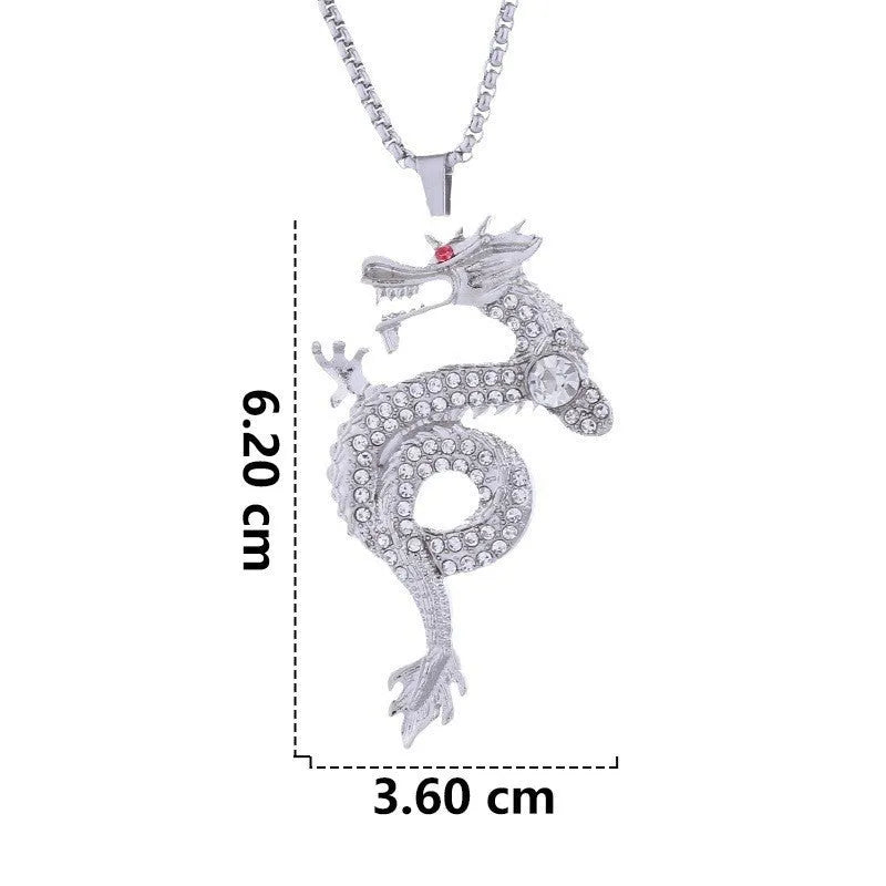 Silver alloy dragon-shaped pendant necklace with red eye detail and regular chain