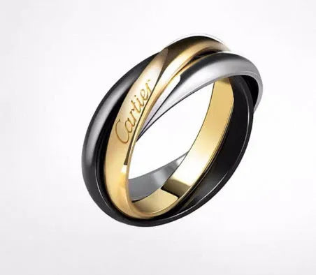 Geometric U-shaped silver couple ring with a full diamond band on a black background.