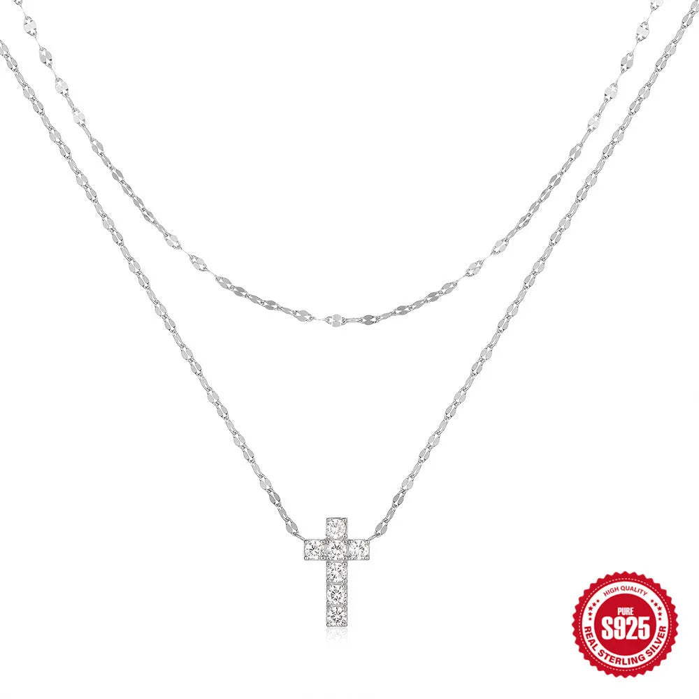 925 sterling silver double layer twin diamond cross necklace on clavicle chain
