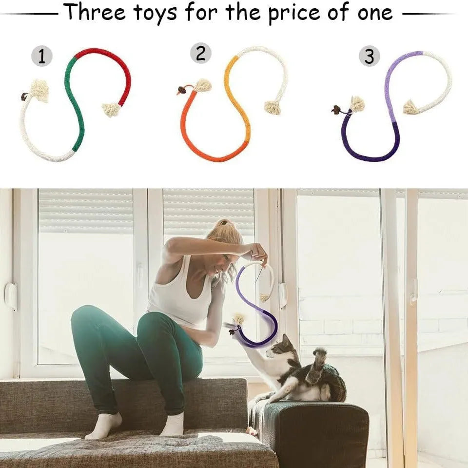 70cm long cat bite rope toy in colours purple, orange, and red with green, made of cotton string.