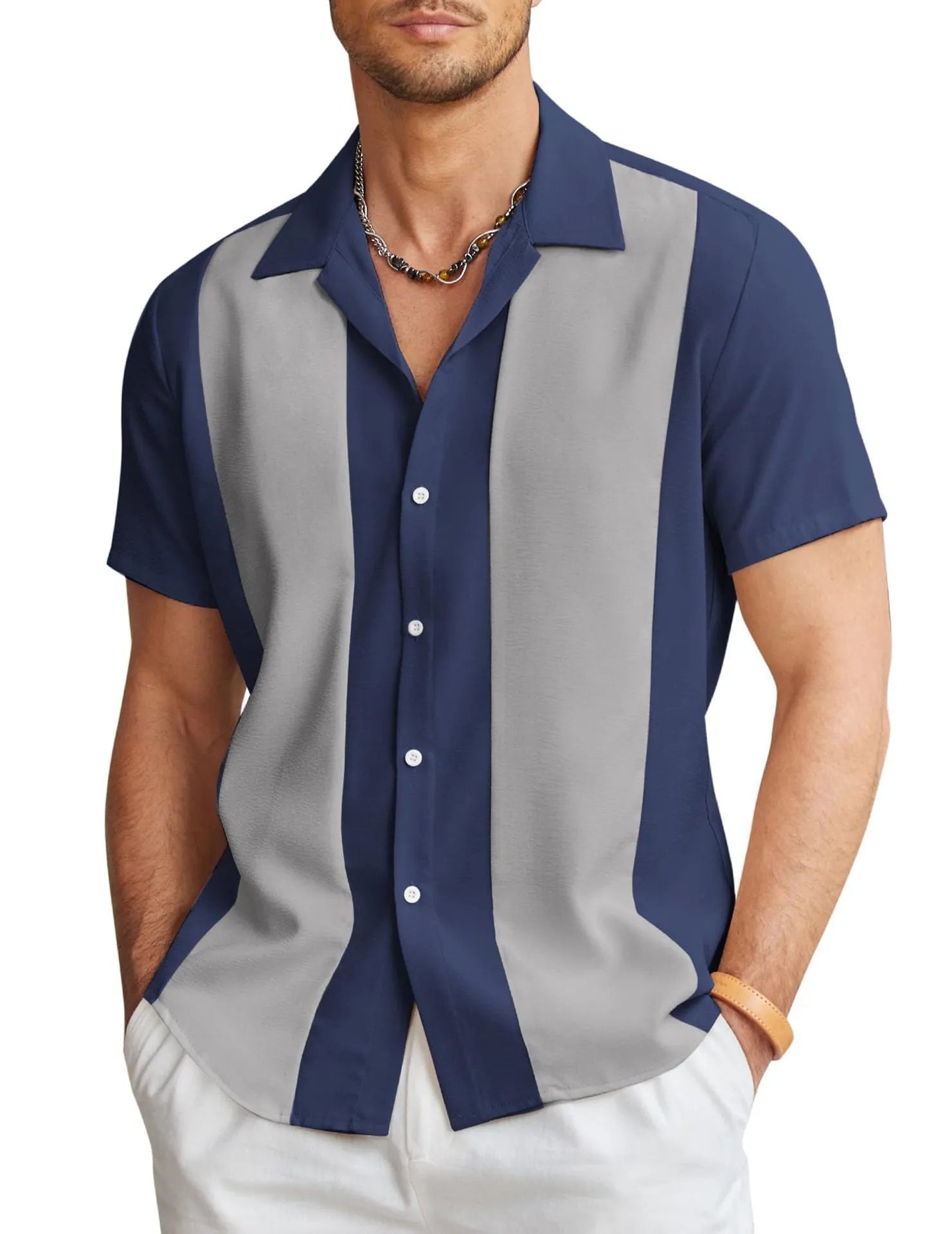 Men's slim fit Hawaiian shirt with digital printed pattern on four-way elastic polyester fabric