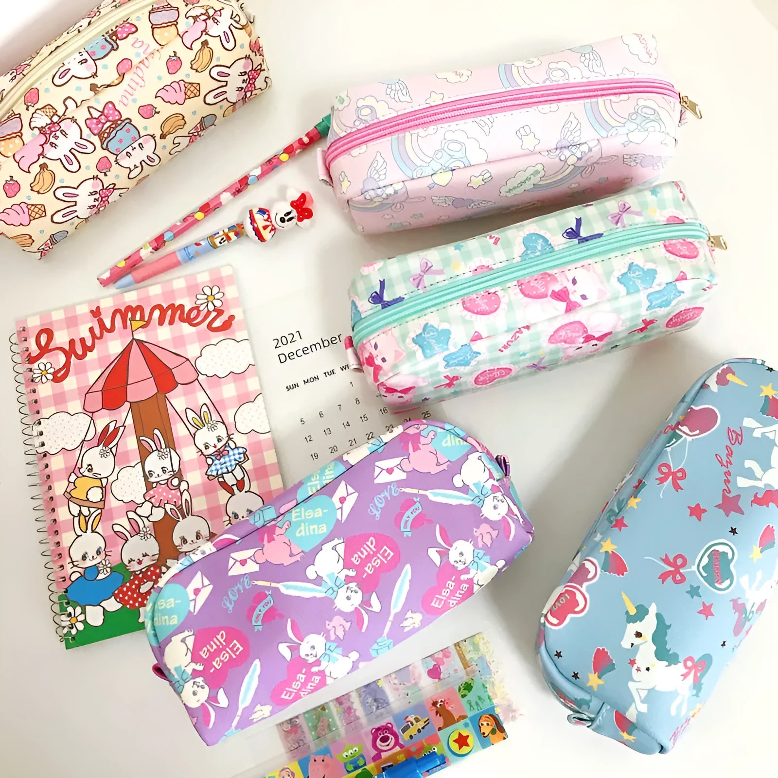 Printed PVC cylindrical pencil case in Japanese cute cartoon style, 19x6.3x7cm, soft material