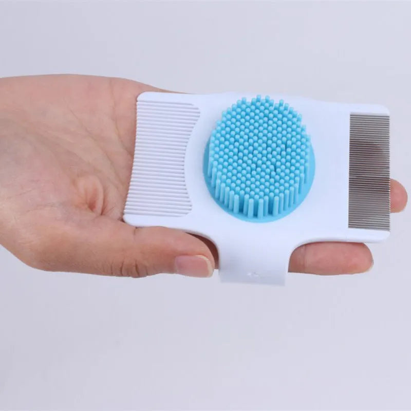 Blue multifunctional dog grooming comb with floating hair removal and massage features
