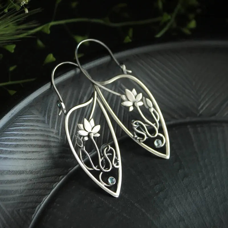 Silver lotus vine geometric drop earrings with circular rhinestones for women