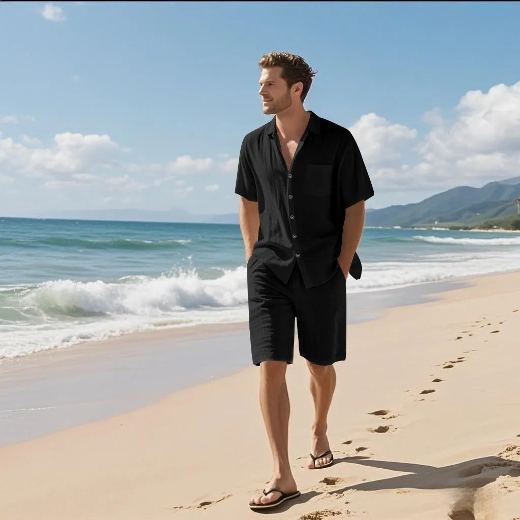 Men's linen blend short sleeve shirt and shorts casual beach set in army green.
