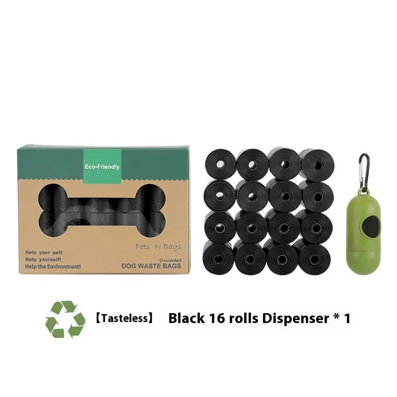 Rolls of green, black, blue, purple and orange degradable pet poo bags with a portable dispenser