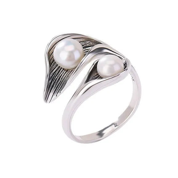 Silver adjustable ring with pearl inlay geometric calla ball design for women