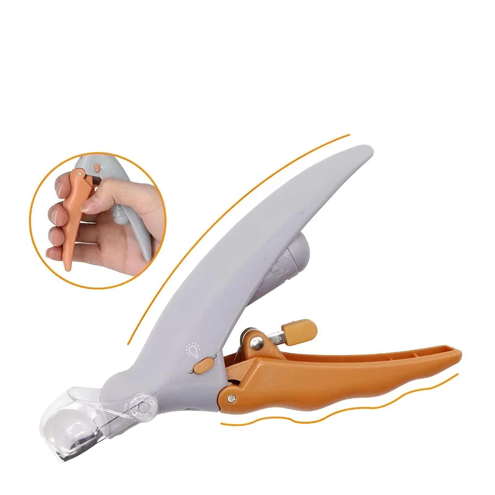 Yellow pet nail clipper with LED light and magnifying lens on a white background.