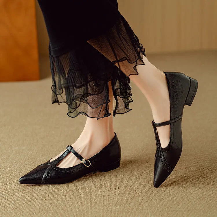 Women's brown pointed toe low-cut flat shoes with soft bottom and 3-5cm heel